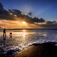 Buy canvas prints of A dog walker at Widemouth Bay, Bude Cornwall. by Maggie McCall
