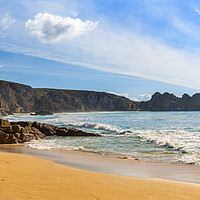 Buy canvas prints of Porthcurno Beach and Logan Rock, Cornwall. by Maggie McCall