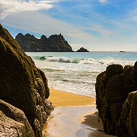 Buy canvas prints of Logan Rock  and Porthcurno beach by Maggie McCall