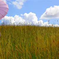 Buy canvas prints of Pink Umbrella in the Hay by Maggie McCall