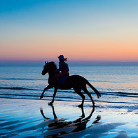 Buy canvas prints of Silhouette of Horse and rider on Beach at sunset by Maggie McCall