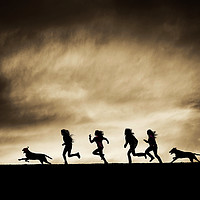 Buy canvas prints of  Silhouettes of running Girls and Dogs  by Maggie McCall