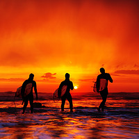Buy canvas prints of Widemouth Bay,  Surfers at sunset, Cornwall by Maggie McCall