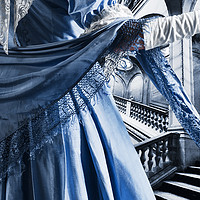 Buy canvas prints of Woman in Regency dress by staircase by Maggie McCall