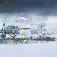 Buy canvas prints of Cumbrian Cottage in snow storm by Maggie McCall