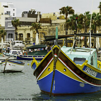 Buy canvas prints of A small boats moored in marsaxlokk bay by Christopher Kelly