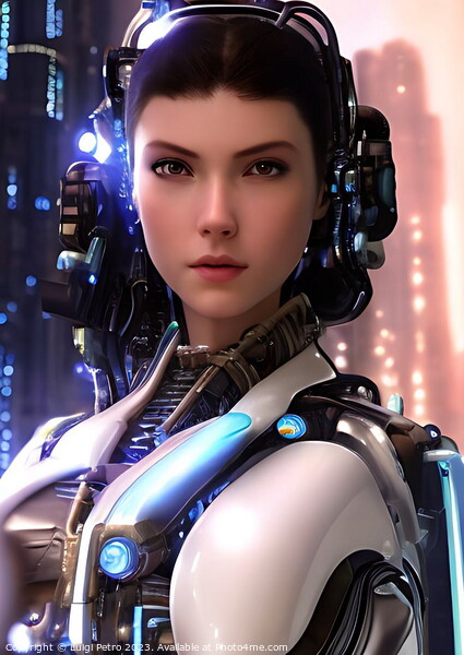 Cyborg woman, futuristic soldier in a cyberpunk su Picture Board by Luigi Petro