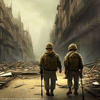 Buy canvas prints of Two soldiers on patrol advancing through a city in by Luigi Petro