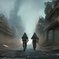 Buy canvas prints of Two soldiers on patrol advancing through a city in by Luigi Petro