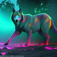 Buy canvas prints of Neon iridescent psychedelic wolf. by Luigi Petro
