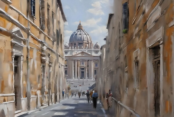 Oil painting of pedestrian street in Rome.  Picture Board by Luigi Petro
