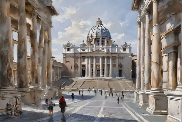 Oil painting of pedestrian street in Rome.  Picture Board by Luigi Petro