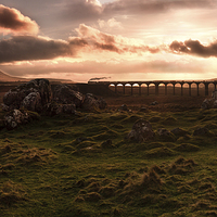 Buy canvas prints of  Steam train sunset on Ribblehead Viaduct by David Smith