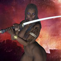 Buy canvas prints of  Dark Samurai sword girl nude by Brian  Raggatt