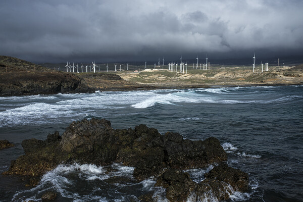 Wind turbines and rough seas Tenerife Picture Board by Phil Crean