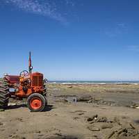 Buy canvas prints of  Red tractor, on beach at Cape Kidnappers, New Zea by Phil Crean