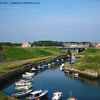 Buy canvas prints of Seaton Sluice harbour under a blue sky (2) by Jim Jones
