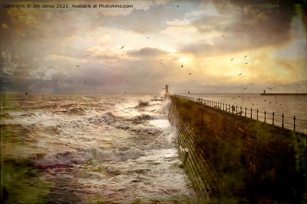 Artistic Stormy weather at Tynemouth Pier Picture Board by Jim Jones