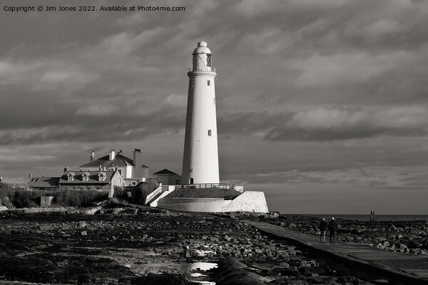 Morning walk to St Mary's Island - Monochrome Picture Board by Jim Jones