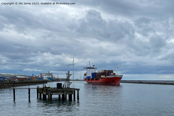 Container ship leaving Port of Blyth Picture Board by Jim Jones