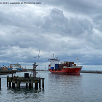 Buy canvas prints of Container ship leaving Port of Blyth by Jim Jones