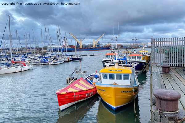 Fishing boats, Yachts and a container ship Picture Board by Jim Jones