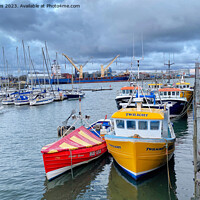 Buy canvas prints of Fishing boats, Yachts and a container ship by Jim Jones