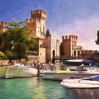 Buy canvas prints of  Sirmione Scaliger Castle with artistic filter by Jim Jones