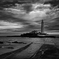 Buy canvas prints of St Mary's Lighthouse and Island in B&W by Jim Jones