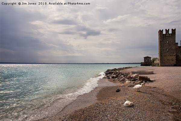 Sirmione public beach and Scaliger Castle Picture Board by Jim Jones
