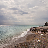 Buy canvas prints of Sirmione public beach and Scaliger Castle by Jim Jones