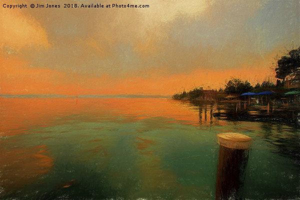 Sirmione at dusk in the style of a Turner Sunset Picture Board by Jim Jones