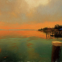 Buy canvas prints of Sirmione at dusk in the style of a Turner Sunset by Jim Jones