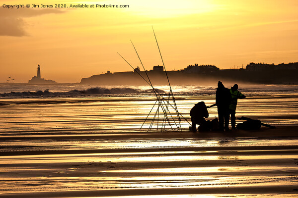 Fishermen on the beach at sunrise Picture Board by Jim Jones