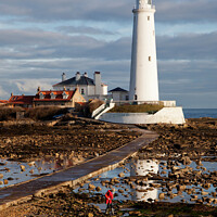 Buy canvas prints of Looking for rock pools at St Mary's Island by Jim Jones