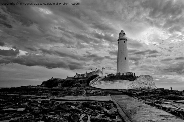 St. Mary's Island and Lighthouse in Monochrome Picture Board by Jim Jones