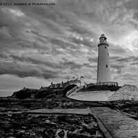 Buy canvas prints of St. Mary's Island and Lighthouse in Monochrome by Jim Jones