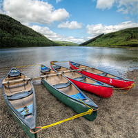 Buy canvas prints of Canoes at Geirionydd Lake by Adrian Evans