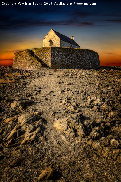 St Cwyfan Church Sunset Picture Board by Adrian Evans