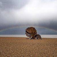 Buy canvas prints of A rainbow over The Scallop on Aldeburgh beach  by Gary Pearson