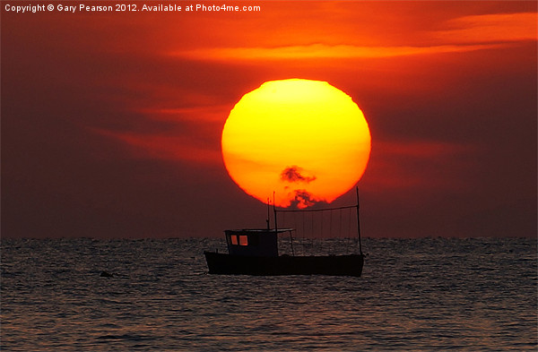 Sunset Fishing Boat Silhouette Picture Board by Gary Pearson