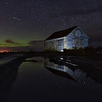 Buy canvas prints of The aurora and a shooting star over the old coal b by Gary Pearson