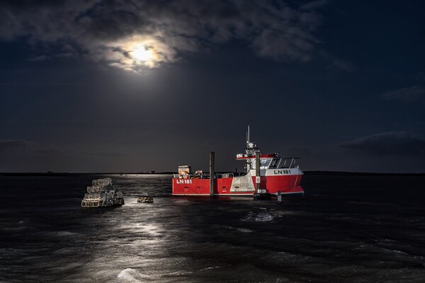LN181 at high tide under a full moon in Brancaster Staithe Picture Board by Gary Pearson