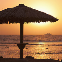 Buy canvas prints of Sunrise with beach parasol, Dahab, Egypt by stefano baldini