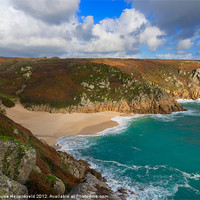 Buy canvas prints of Porthcurno beach and cliffs, Cornwall by Louise Heusinkveld