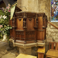 Buy canvas prints of Elaborate wood carvings on the pulpit in St Andrew by Louise Heusinkveld