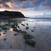 Buy canvas prints of Benllech Beach Sunset Rocks I by Angie Morton