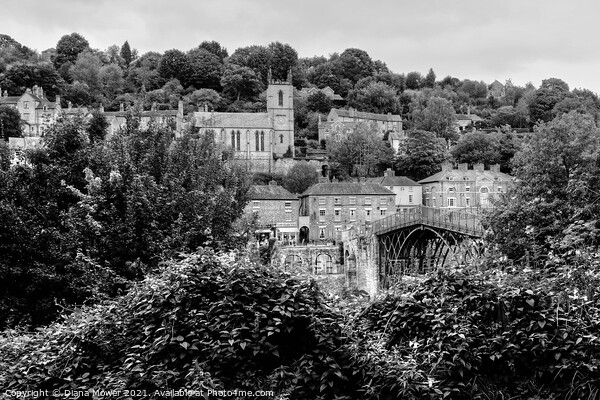 Ironbridge bridge, town and Church Shropshire Mono Picture Board by Diana Mower