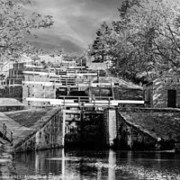 Buy canvas prints of Bingley Five Rise Locks Yorkshire Monochrome by Diana Mower