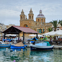 Buy canvas prints of Marsaxlokk Harbour and town by Diana Mower